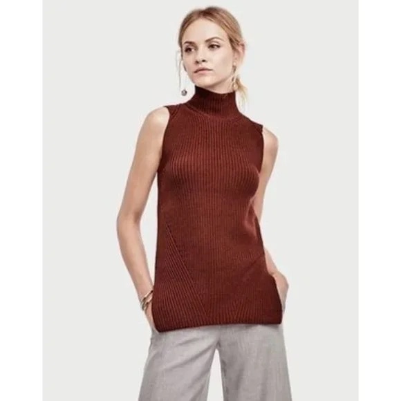Ann Taylor Sleeveless Crochet Mock Neck Tunic Sweater Burgundy New Tags Large - Picture 2 of 3